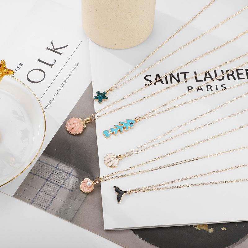 Multi-Layer Necklace Summer Cartoon Fresh Shell Pearl Jewelry Starfish Pendant Fish Bone Necklace