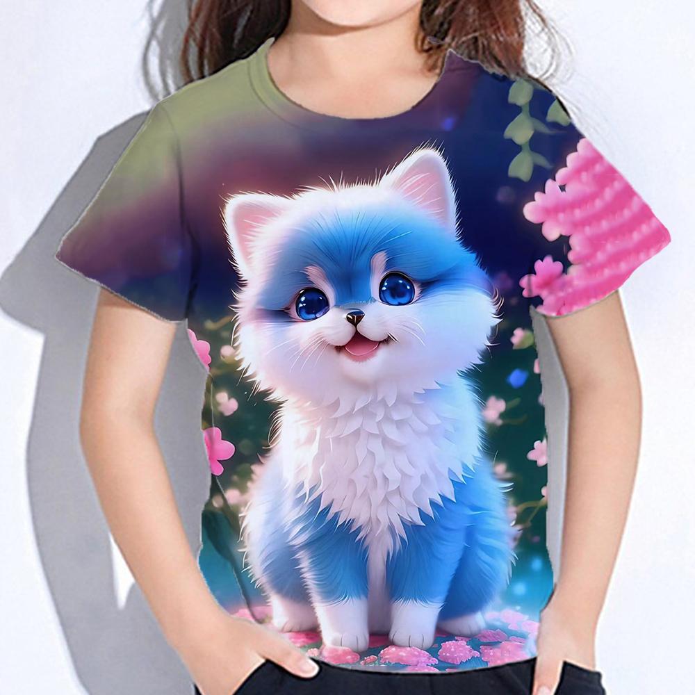2025  Kids Clothes Blouse for Girls Kawaii Cat Girl Short Sleeve Tshirt Print Boys Clothes Polyester Girl Tee Shirt Child T-Shirt