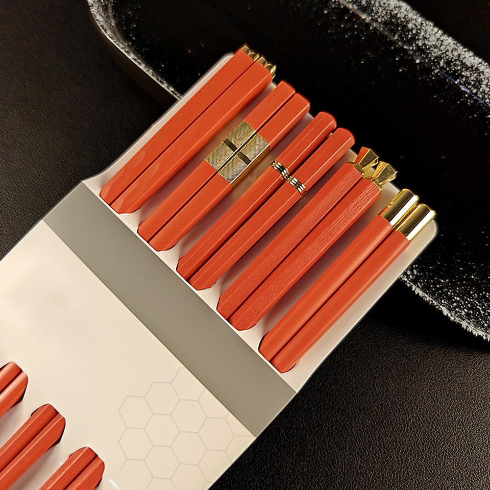Orange 5 Pairs Chinese Chopsticks Sushi Sticks Korean Chopsticks Reusable Alloy Chop Sticks Kitchen Tableware Tool Accessories