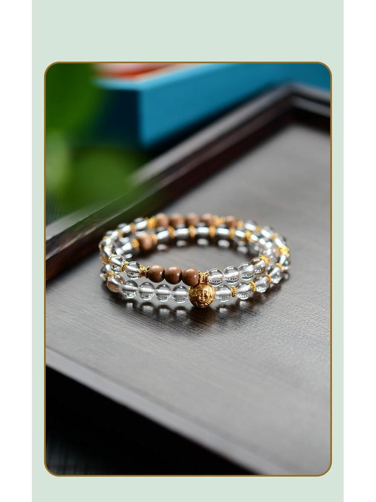 Natural White Crystal & Sandalwood 925 Silver Wealth Bead Double-Strand Bracelet