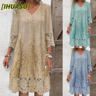 Fashion Autumn Winter Solid Color Print Long Sleeve V-Neck Casual Dresses