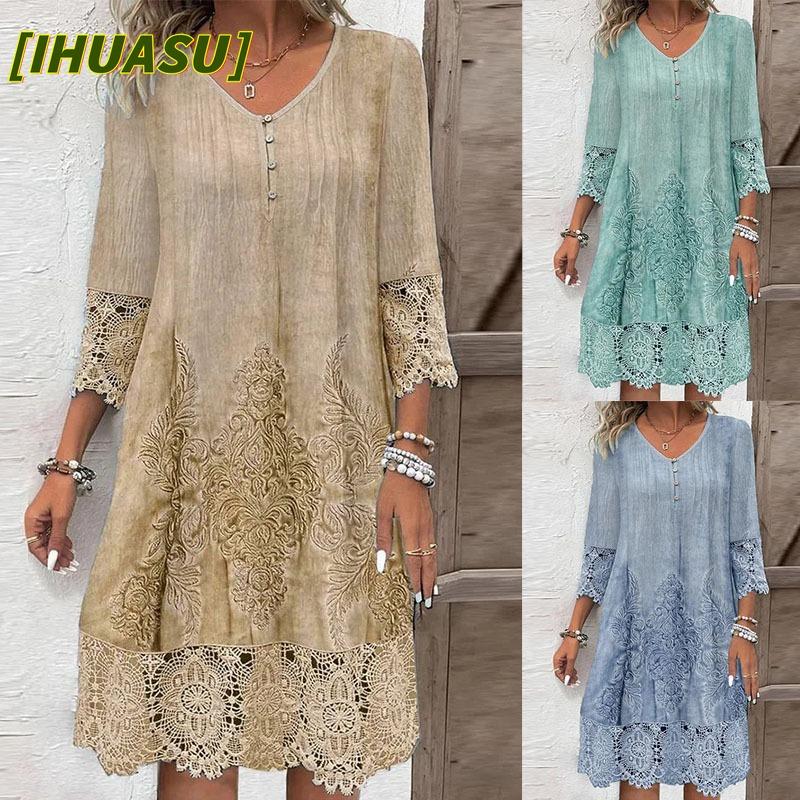 IHUASU Fashion Autumn Winter Solid Color Print Long Sleeve V-Neck Casual Dresses