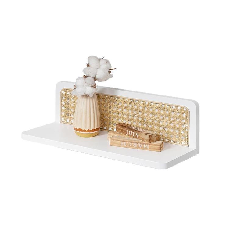 1Pc Wall Decoration Art Decoration Wooden Shelf Bohemian Style Display Rack Natural Rattan Rattan Storage Rack Wall Mounted