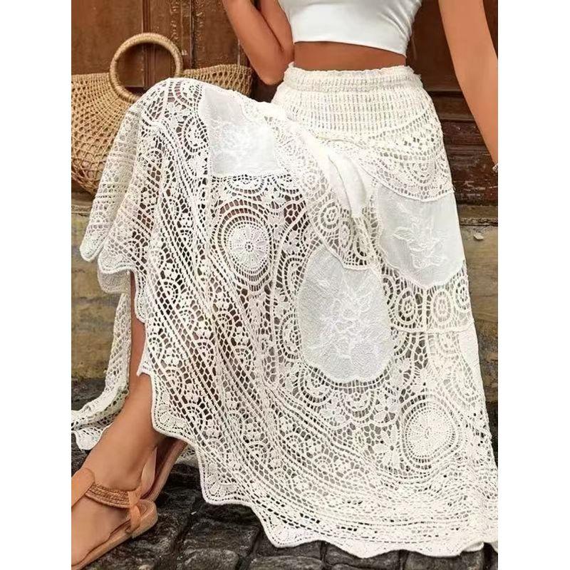 

Spring and Summer New Arrival French Style Retro Literary Style Cut Out Knitting High Waist A- Line Lace Casual Big Hem Skirt Fashion Apricot Free size