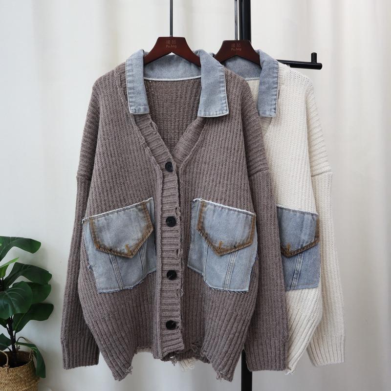 Autumn and Winter New Splicing Denim Knitted Cardigan Design Sense Loose Casual Sweater Jacket Women