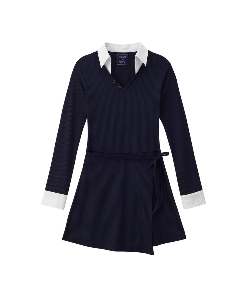 Salon De Yon Shirt Detail Jersey Dress_ Navy