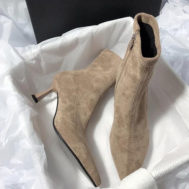 Pointed Toe Sock Short Boots Fashion Side Zipper  Ankle Booties Thin High Heel Autumn Winter Ladies Shoes