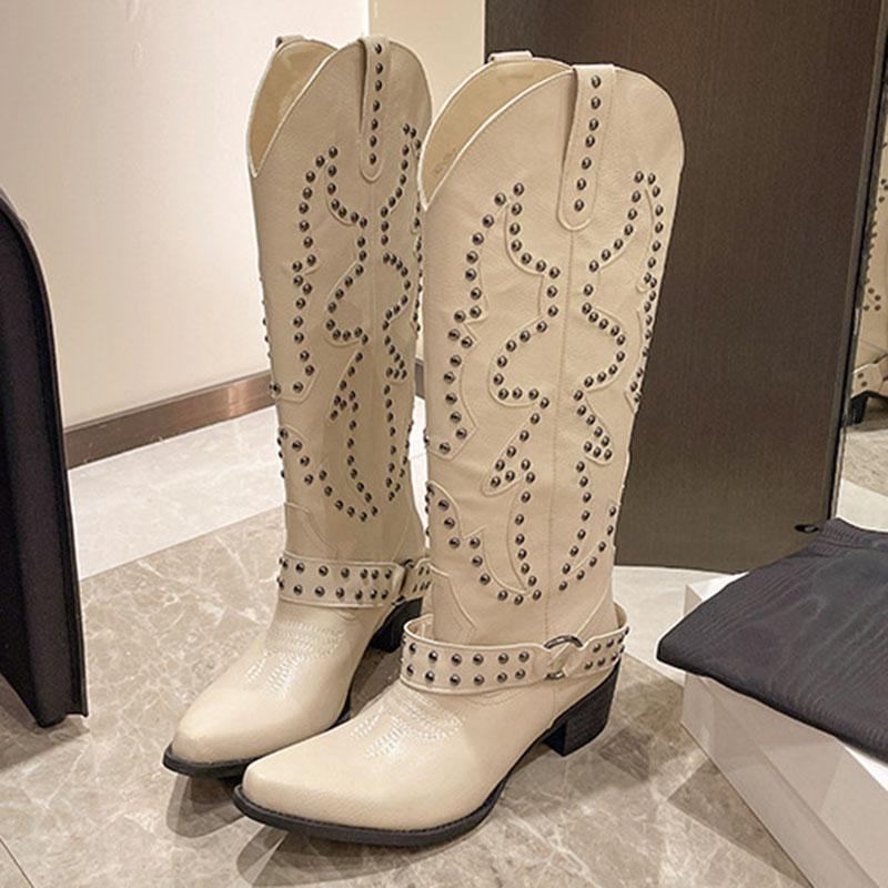 Comemore New Rivet Embroidery Cowboy Western Boots for Women Punk Slip-on Chunky Heels Women's Shoes Vintage Belt Buckle Botas