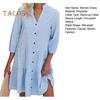 Button Down Shirt Dress for Women Casual Half Sleeve V-neck Stripe Dress Flowy A-line Midi Dress for Summer Beach Vacation