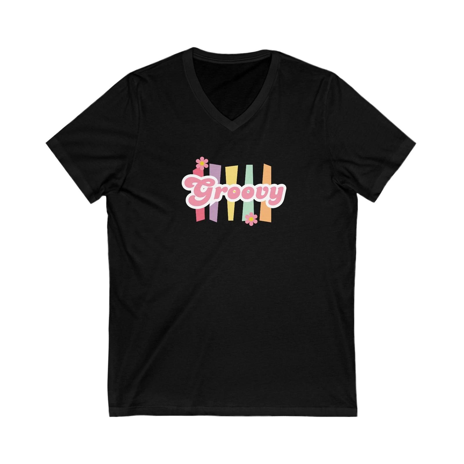 

Groovy V-Neck Tee, Retro Short Sleeve Top, Casual Summer Shirt, Festival [...] 2XL