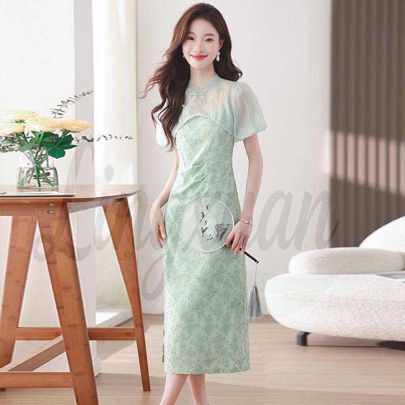 

Qing Ping Le Mint Wave Cheongsam-Style Gauze Cover-Up Dress XL
