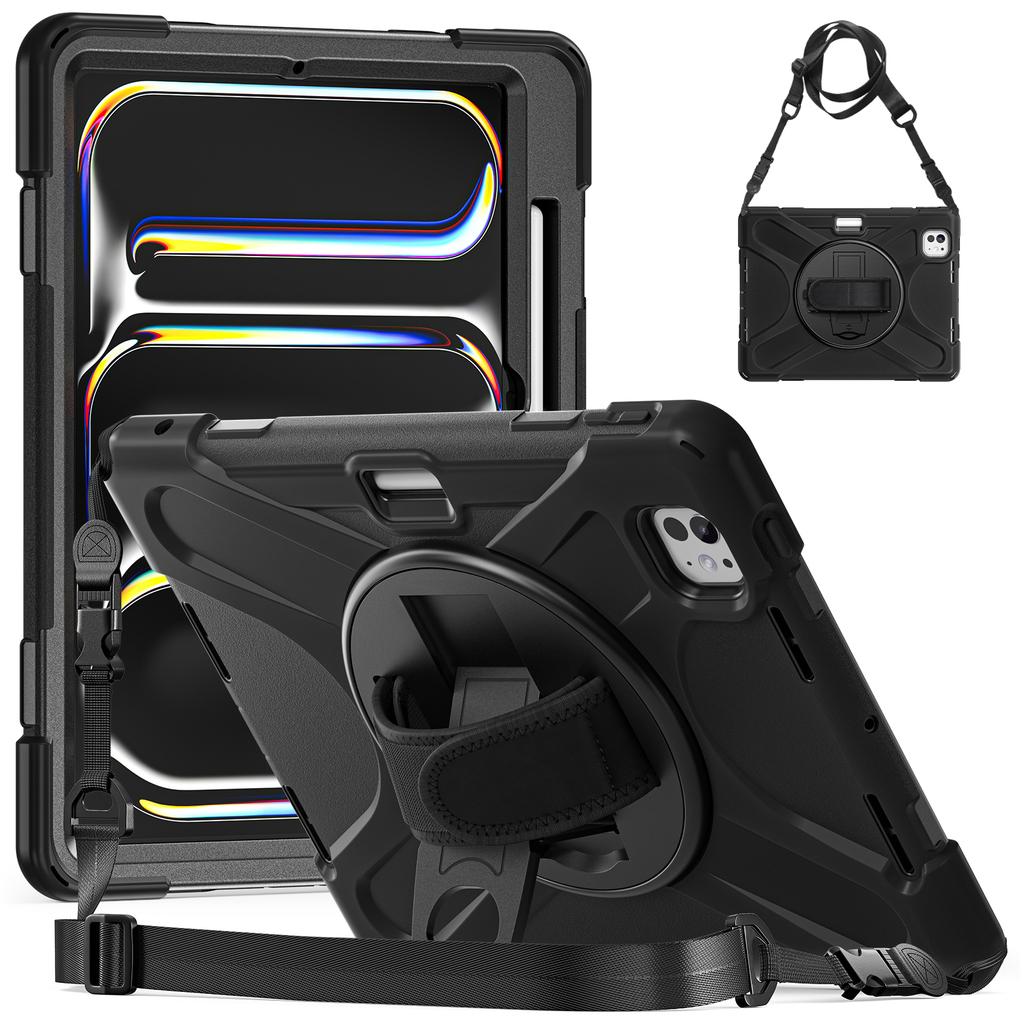 For iPad Pro 11 (2025)/11 (2024) Case PC+Silicone Kickstand Tablet Cover with Hand Strap and Shoulder Strap