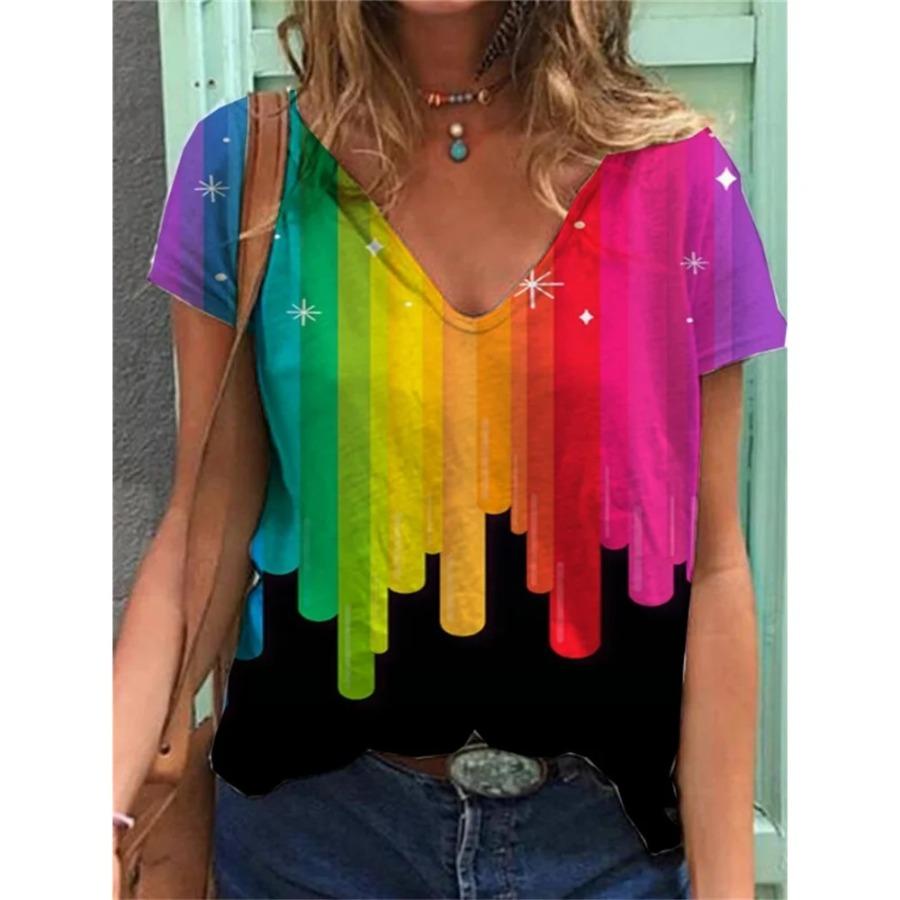 Natural Style Women's T-shirt Rainbow Print Harajuku Shirt Summer Y2k Clothing Girls Oversized Fashion Short Sleeve Sweatshirt
