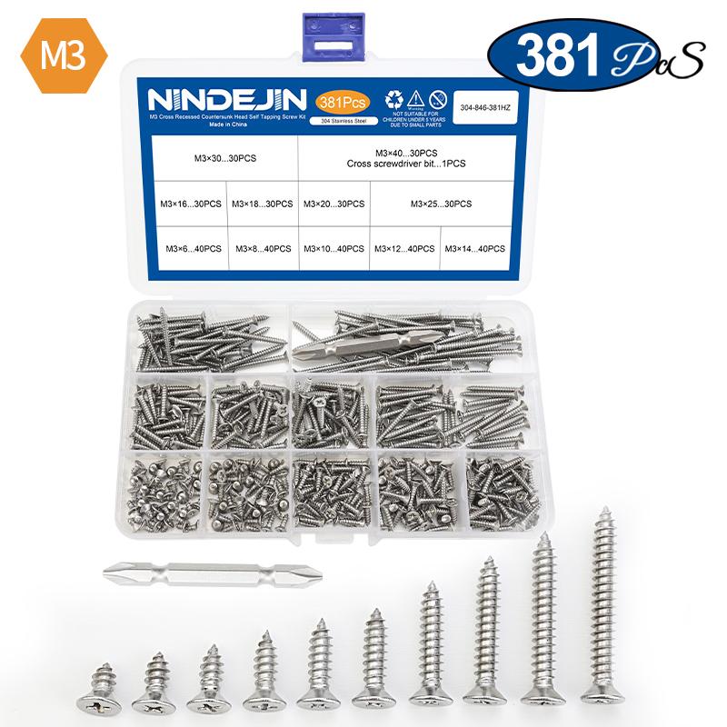 

NINDEJIN Self Tapping Screw Set M3 M4 M5 Cross Flat Head Phillips Screw Assorted Kit Stainless Steel Wood Screw for metal sheet