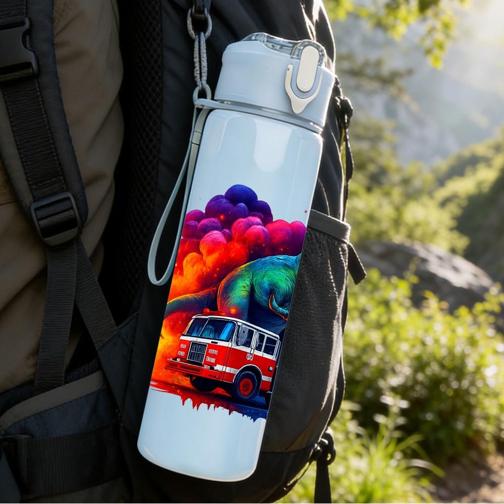 1PC Colorful Dino Truck Art Pattern 750ml Color Plastic Sports Water Bottle Leakproof Flip Straw Lid Suitable for Sports Office Home Use