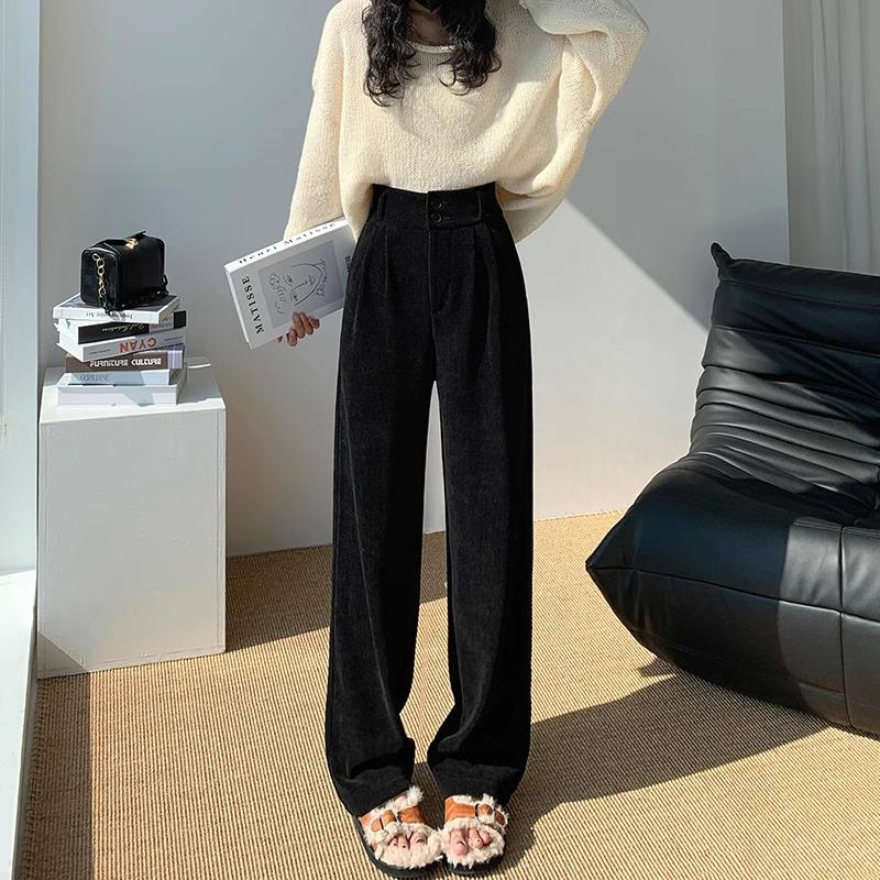 Women's Petite Dark Gray Corduroy Wide-Leg Suit Pants with Fleece Lining for Autumn/Winter