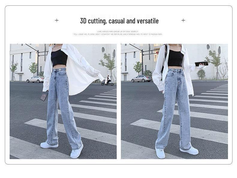 Women's High Waist Light Blue Denim Jeans - Loose, Straight, Floor-Length, Retro Wide Leg Pants for Spring & Autumn 2025.