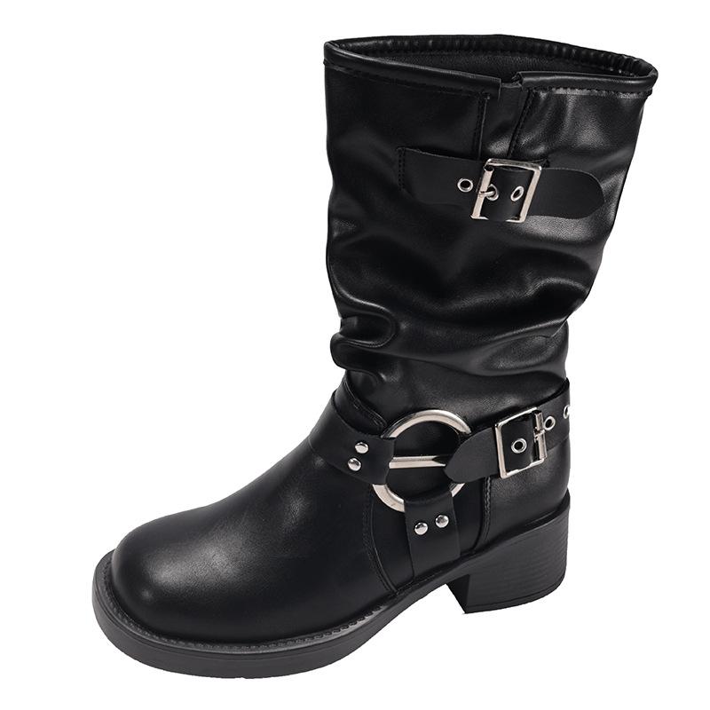 Thick Heel Women Mid Calf Boots Fashion Buckle Decoration Shoes Autumn Winter Ladies Western Cowboy Boots