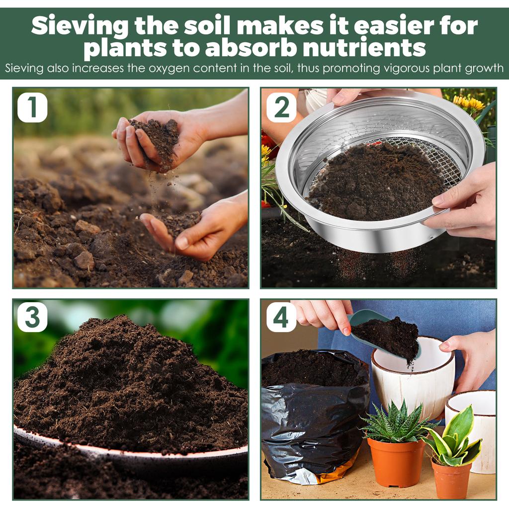Garden Soil Sieve Set Stainless Steel Rock Sifter Screen with 1/3/6/9/12 mm Replaceable Sieve Mesh Garden Plant Nursery Tools