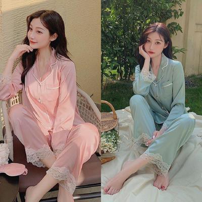 2-piece Set of Maternity Pajamas, Ice Silk Royal Style Pajamas, Spring and Summer Casual Simple Solid Color Lace Women's Home Clothes