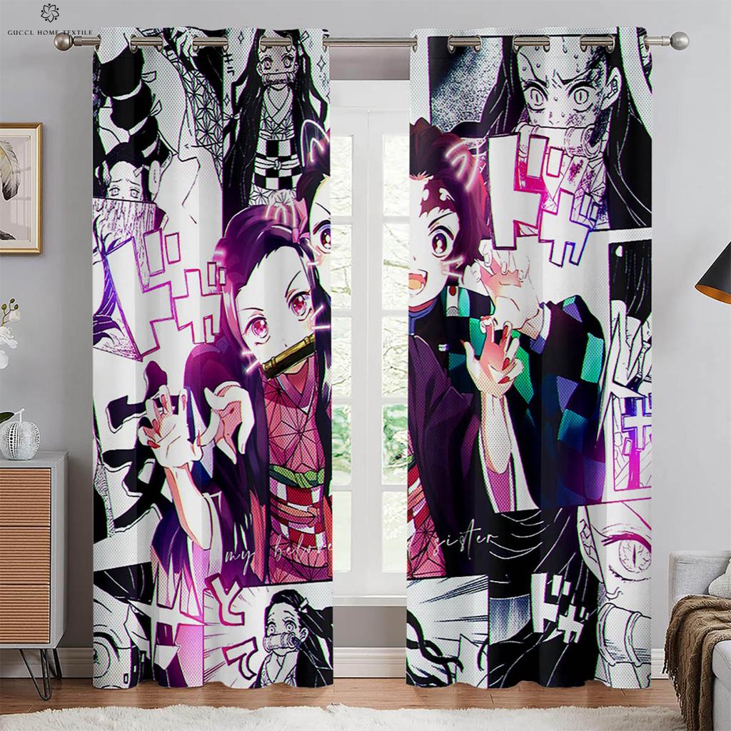 Japanese Anime Print Curtains for Kids Room, Bedroom, Living Room, Kitchen Decorative Curtains, Home Decoration, 2 PCs