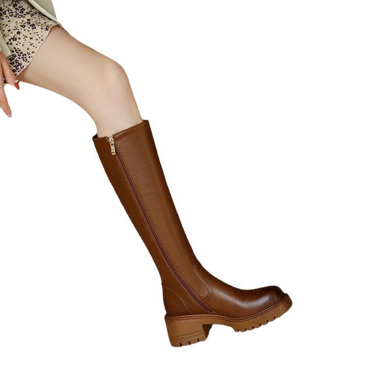 British Style High Tube Women's Knight Boots with Side Zipper, Round Toe, Chunky High Heels – 2025 Autumn/Winter Collection.