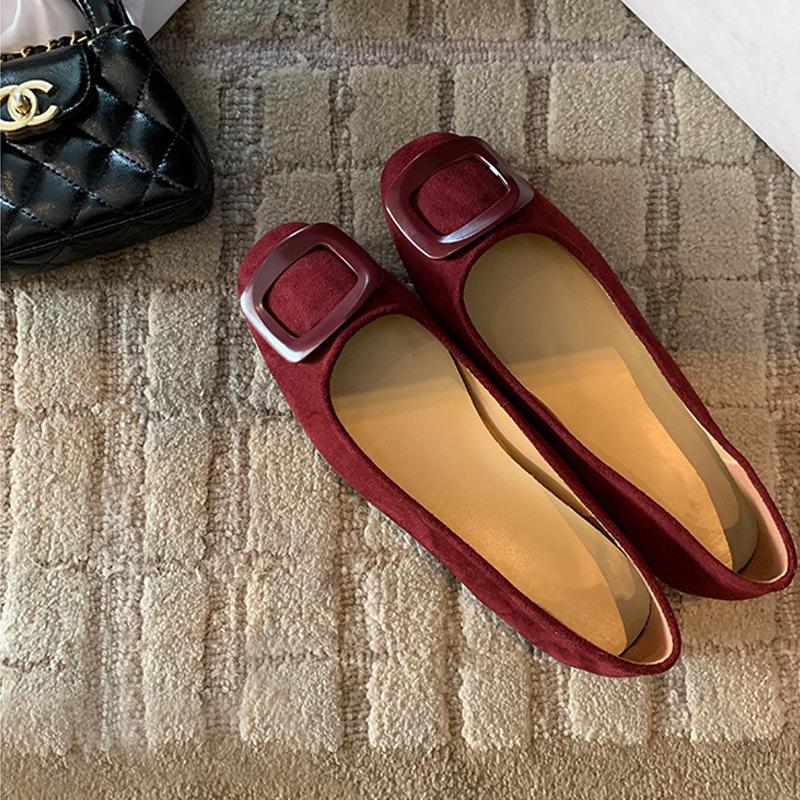 

Autumn new temperament round head square buckle shallow mouth suede commuting versatile flat sole shoes women s spring and autumn 35