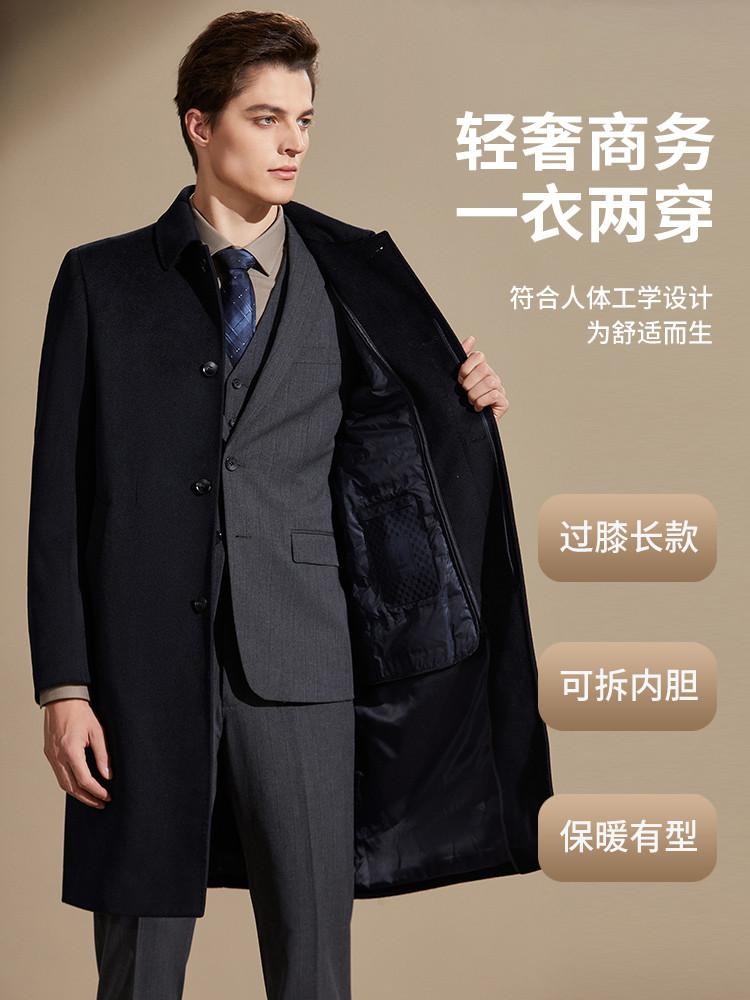 Men's Winter Long Wool Coat with Detachable White Goose Down Lining