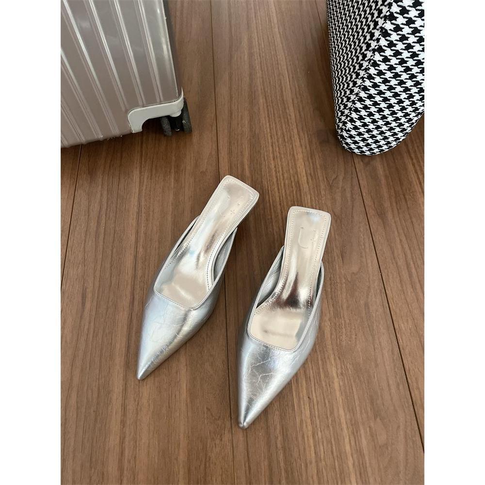 2025 nye vårslippers mote temperament allsidige spisse leopardtrykk halv-slippers dame medium hæl pose hode slippers dame