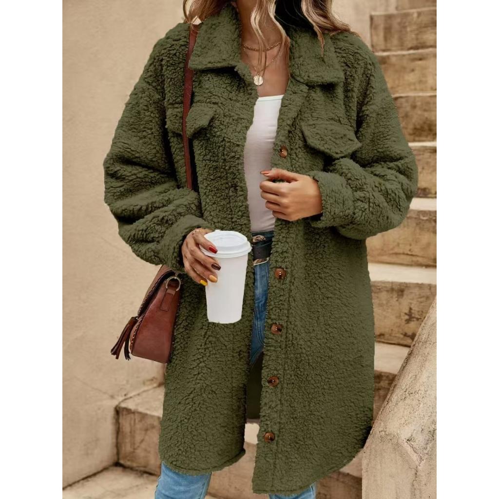 Women's Winter Long Loose Plush Coat, Turn-down Collar Buttoned Open Front Oversized Warm Overcoat for Women, European & American Style