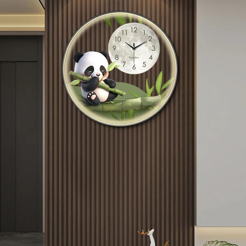 Circular transparent panda wall clock living room dining room decorative painting Creative LED wall light hanging wall clock