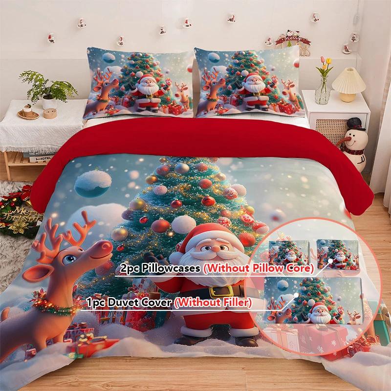 3Pc Cartoon Christmas Duvet Cover Kawaii Elk Interesting Old Man Bedding Set (1Duvet Cover &2Pillowcases) No Filler/Core
