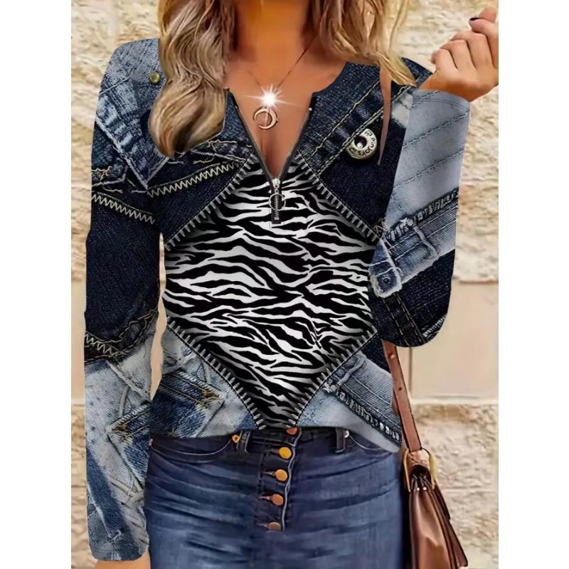 Top elegante de mujer con cremallera y estampado de manga larga, estiloso y versátil para otoño e invierno, uso casual y de oficina, lavable a máquina