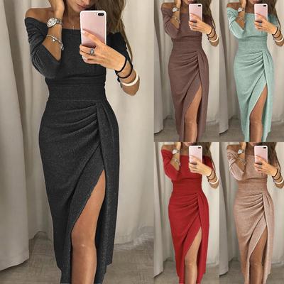 2024 Women's Fashion Sexy Strapless High Slit Tight Dress Long Sleeve Dress