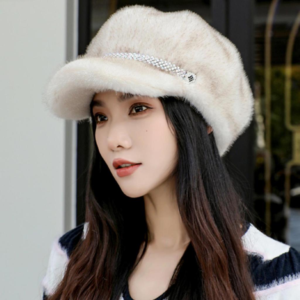 Luxury Faux Mink Fur Beret with Visor for Women, Winter Double Warmth Cotton Lined Hat, Stylish Outdoor Peaked Beret