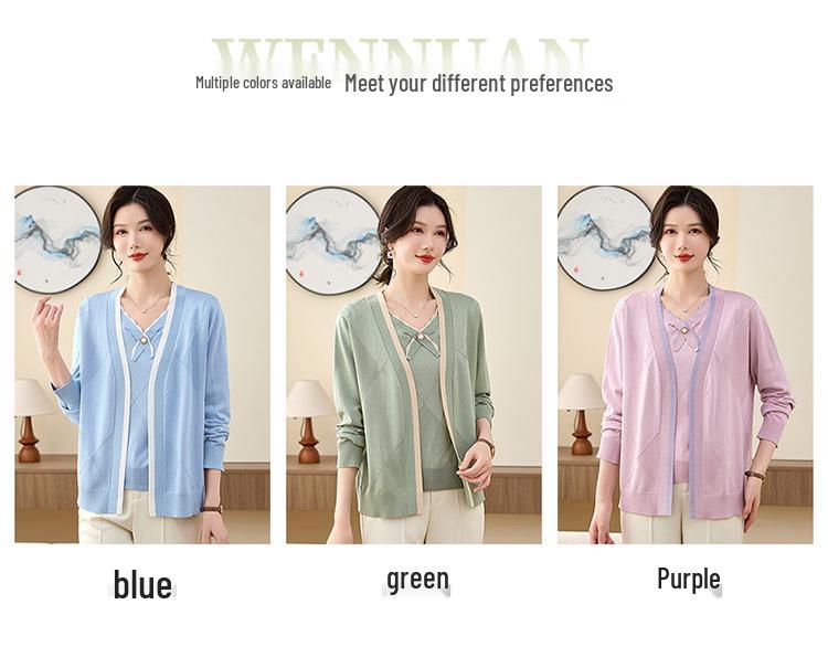 Spring Knitted Cardigan & Ice Silk T-shirt Set for Women Aged 40-50: Short-Sleeved Fashion Ensemble