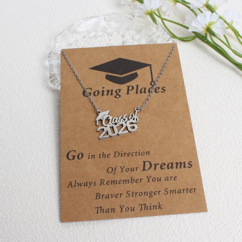 Stainless Steel Matte Golden Mortarboard Featuring Number 2026 Pendant Necklace Women Graduation Memorial Jewelry Gifts