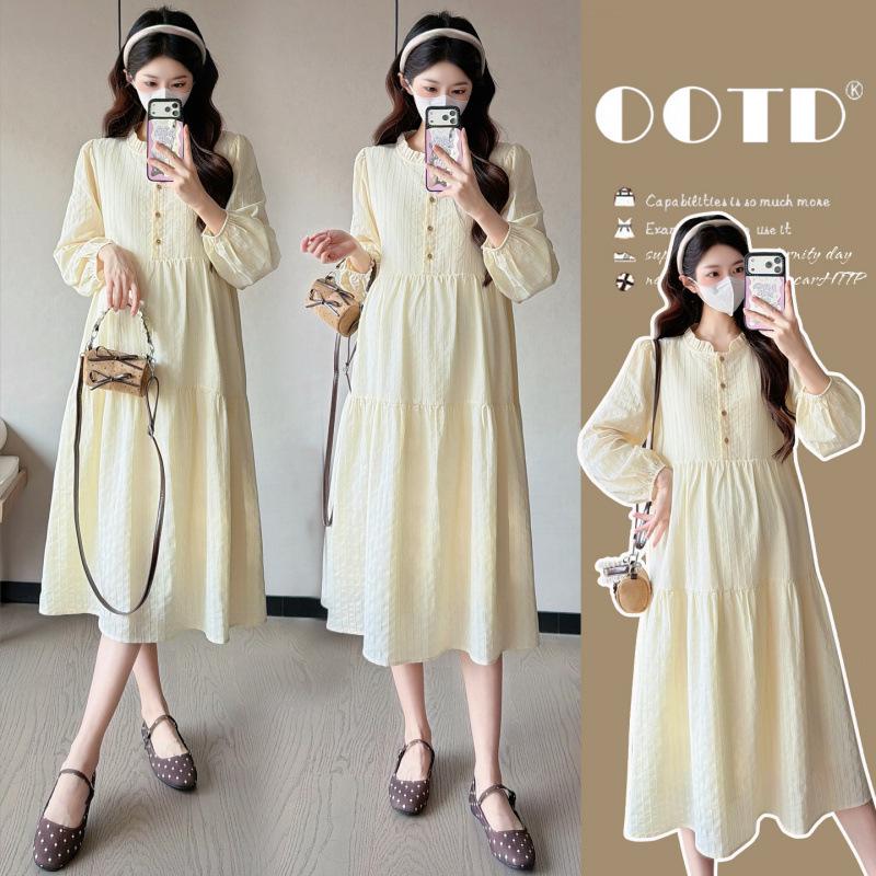 Elegant Spring 2026 Jacquard Embroidery Button-Down Maternity Dress 2XL
