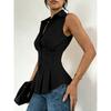 Womens Sleeveless Peplum Shirt With Collar And Button Down Detail Fitted Waist Casual Office Blouse