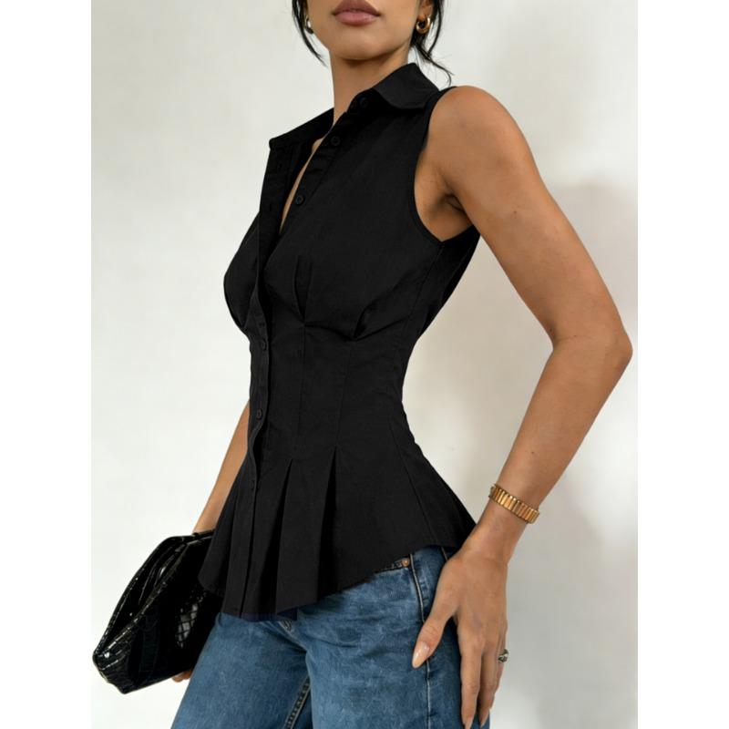 Womens Sleeveless Peplum Shirt With Collar And Button Down Detail Fitted Waist Casual Office Blouse