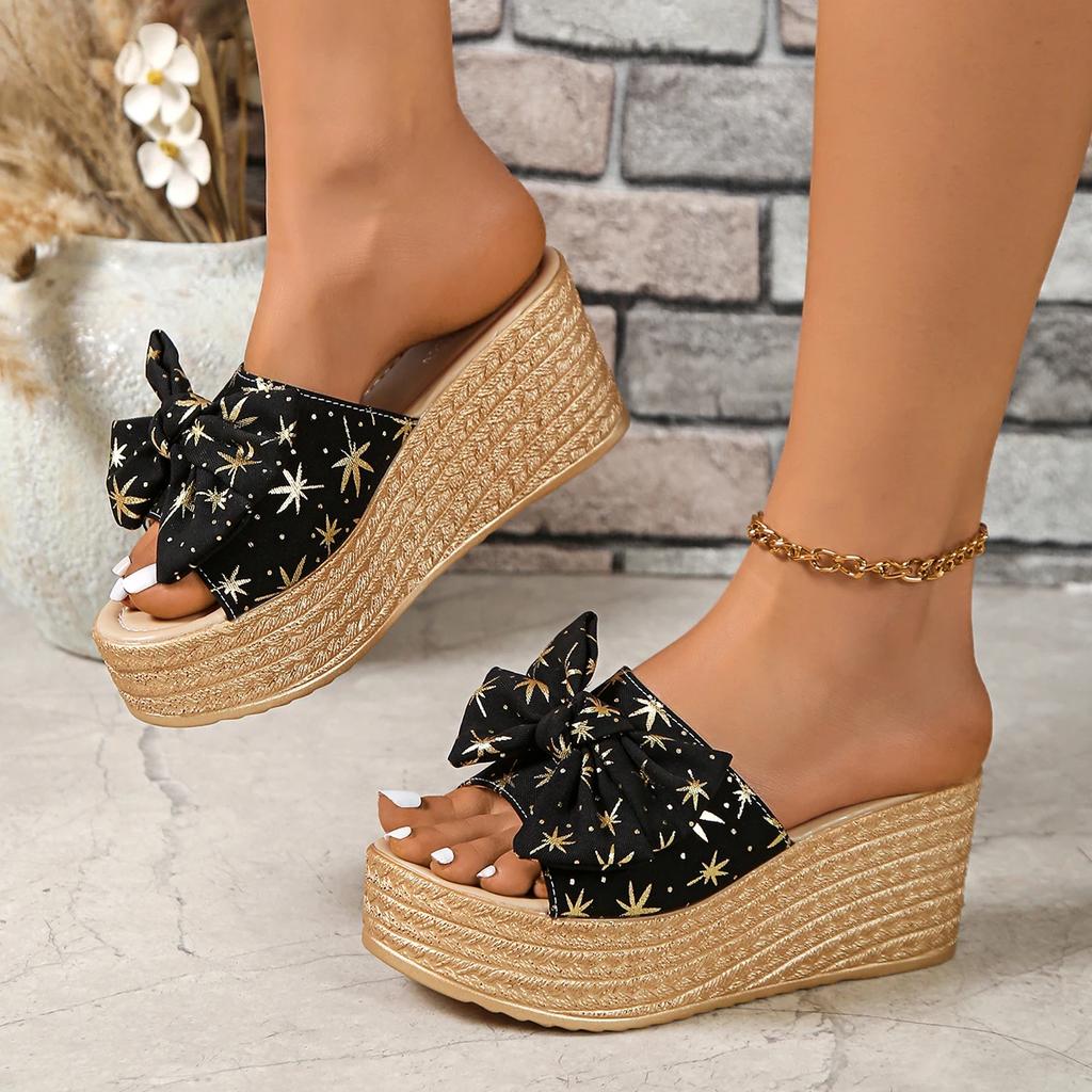 Fashion Star Bowtie Chunky Platform Wedge Sandals Women Summer 2025 Thick Bottom High Heels Slides Women Plus Size 35-42 Slippers Shoes