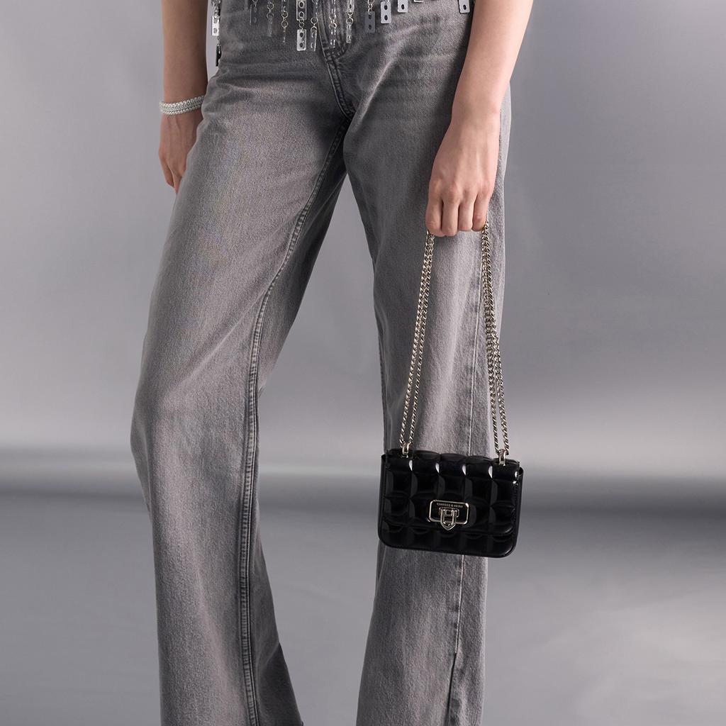 Charles & Keith Evening Party Mirror Checkered Chain Crossbody Bag Small Women bags Black Pink Silver CK2-80681154