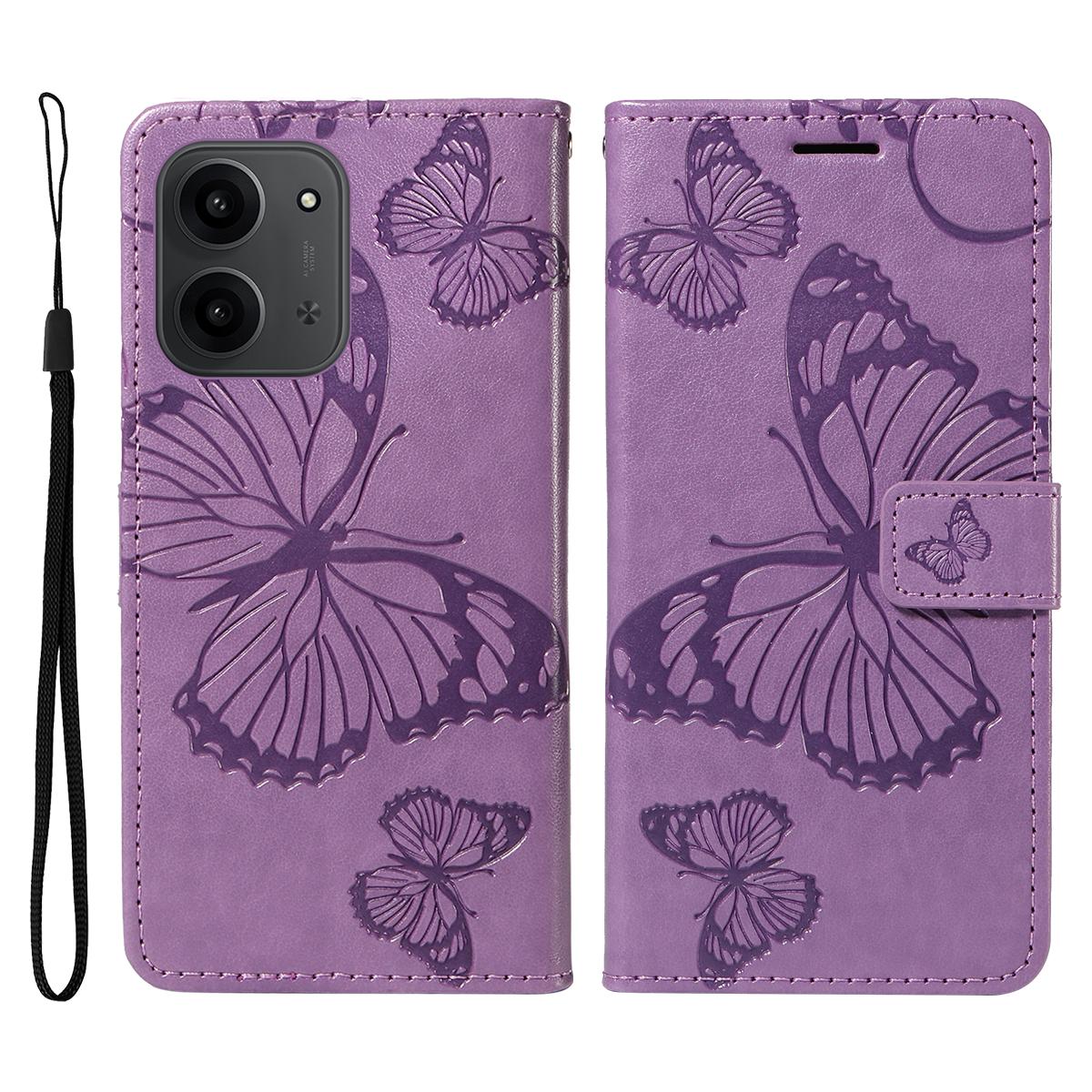 

For Xiaomi Redmi 15C 4G (171mm) Wallet Case Floral Butterfly Imprinted Leather Phone Cover Stand Light Purple