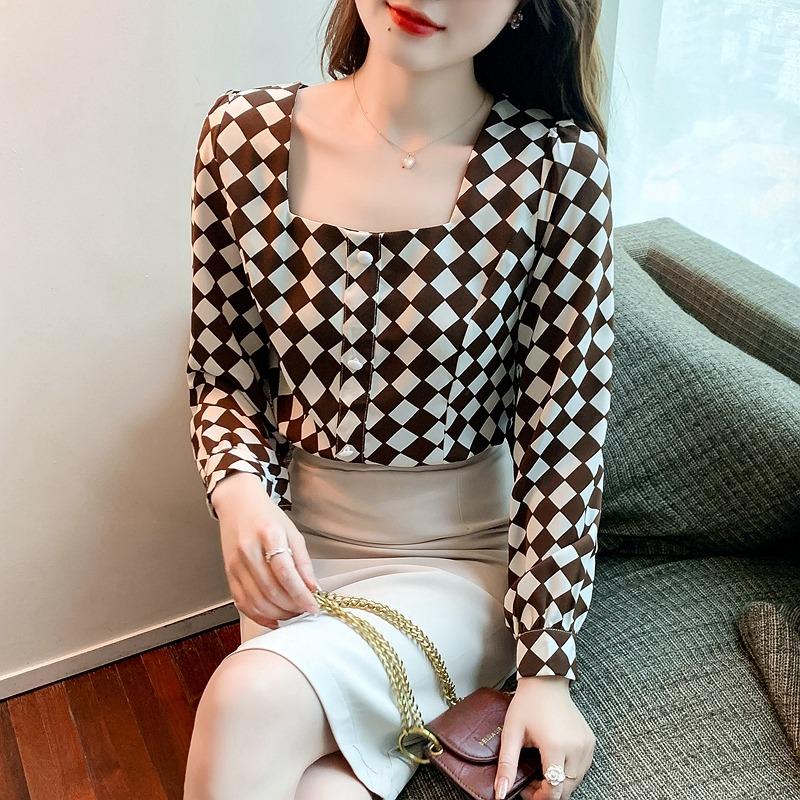 Temperament Square Neck Long Sleeve Retro Casual Shirt Women Fashion Tops Button Up Elegant Loose Blouse for Women Simple Slim Fit Shirts Woman 26350