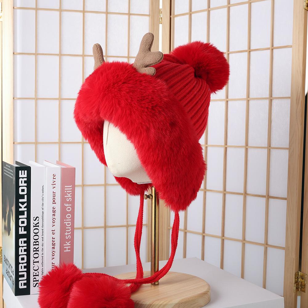 

Рождественская шапка с ушками и рогами в корейском стиле, вязаная, с защитой ушей, осенне-зимняя шапка-ушанка с помпоном из плюша Лей Фэн One Size красный