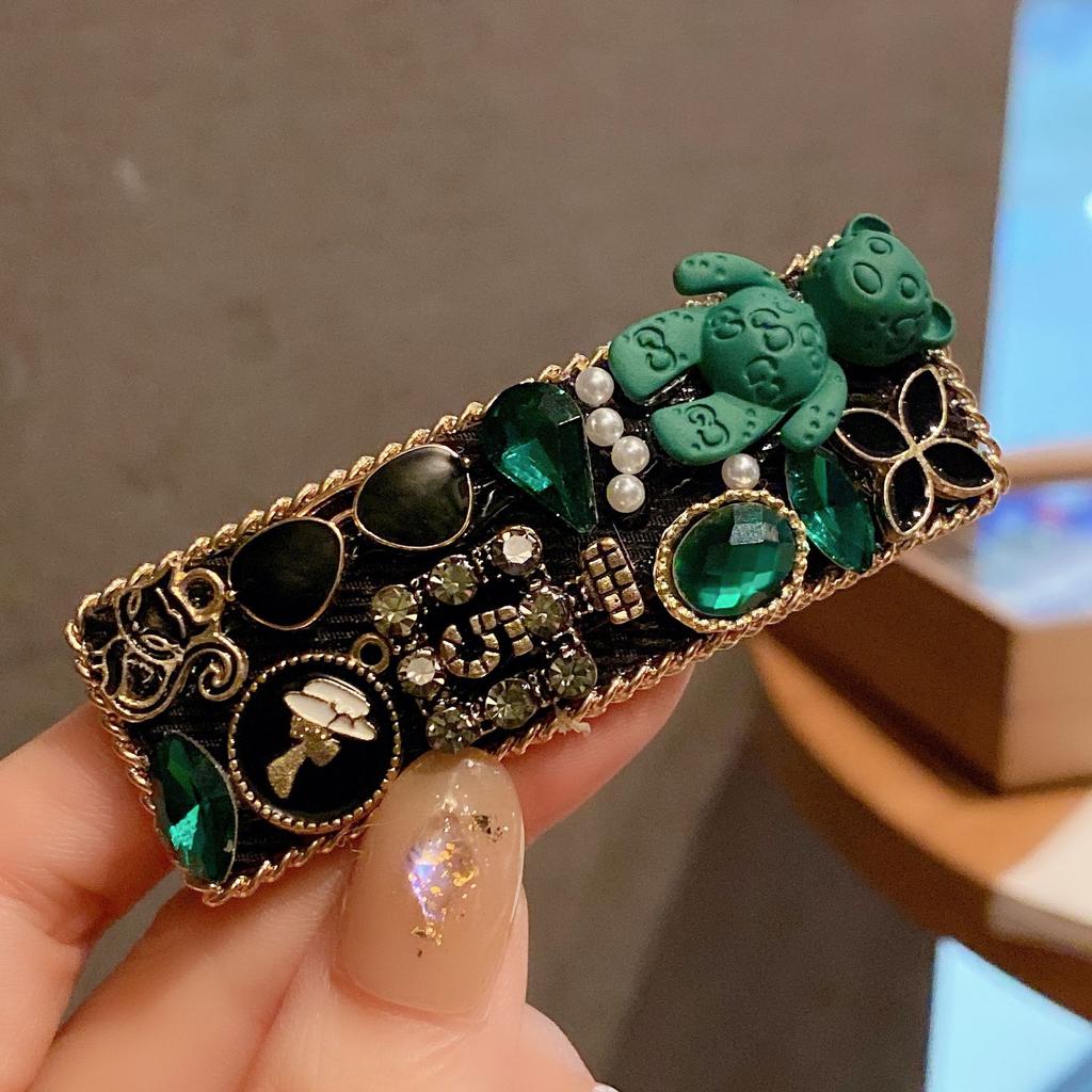 Retro Grün Schwerindustrie Strass Haarspange Herbst und Winter Kleiner Duftiger Stil Mode BB Clip Haaraccessoires Damen