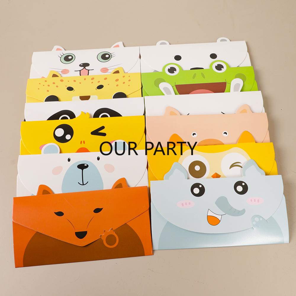 12Pcs Cartoon Animal Theme Folding Greeting Card Envelope Invitations Card for Kids Birthday Baby Shower Party Decoration