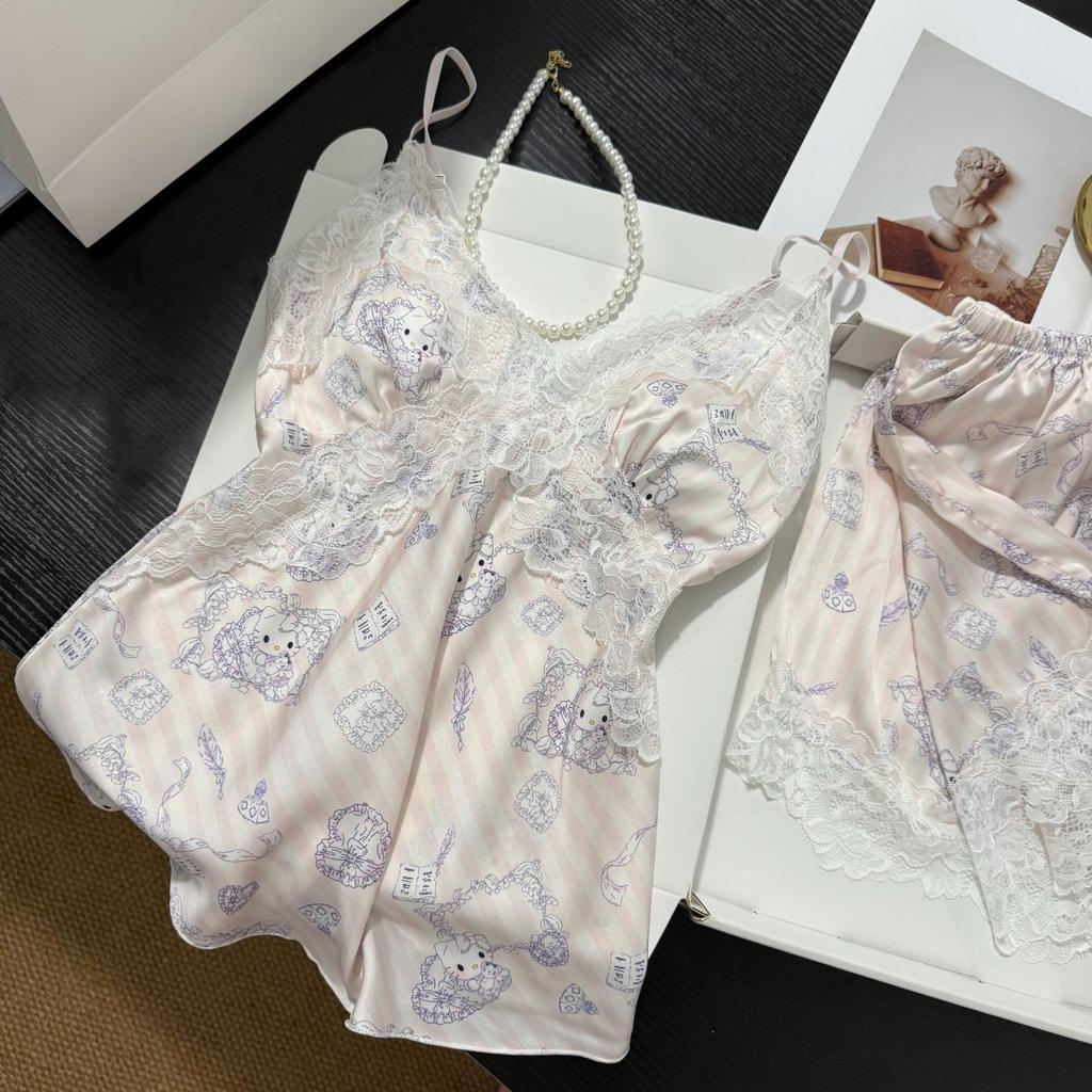 Hellokitty ice silk pajamas women's spring and autumn high-end ice and snow silk loungewear sexy suspender shorts set thin