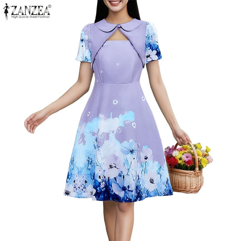 ZANZEA Women Summer Round Neck Casual Short Sleeve Print Dress Holiday