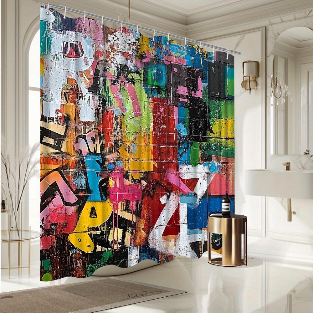 Abstract Graffiti Shower Curtain – Vibrant Street Art, Colorful Urban Design, 70.8x70.8in, Polyester, Includes Hooks